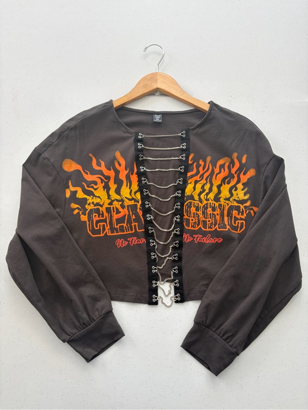 SHEIN Charcoal Cropped Flame Chain-Front Jacket